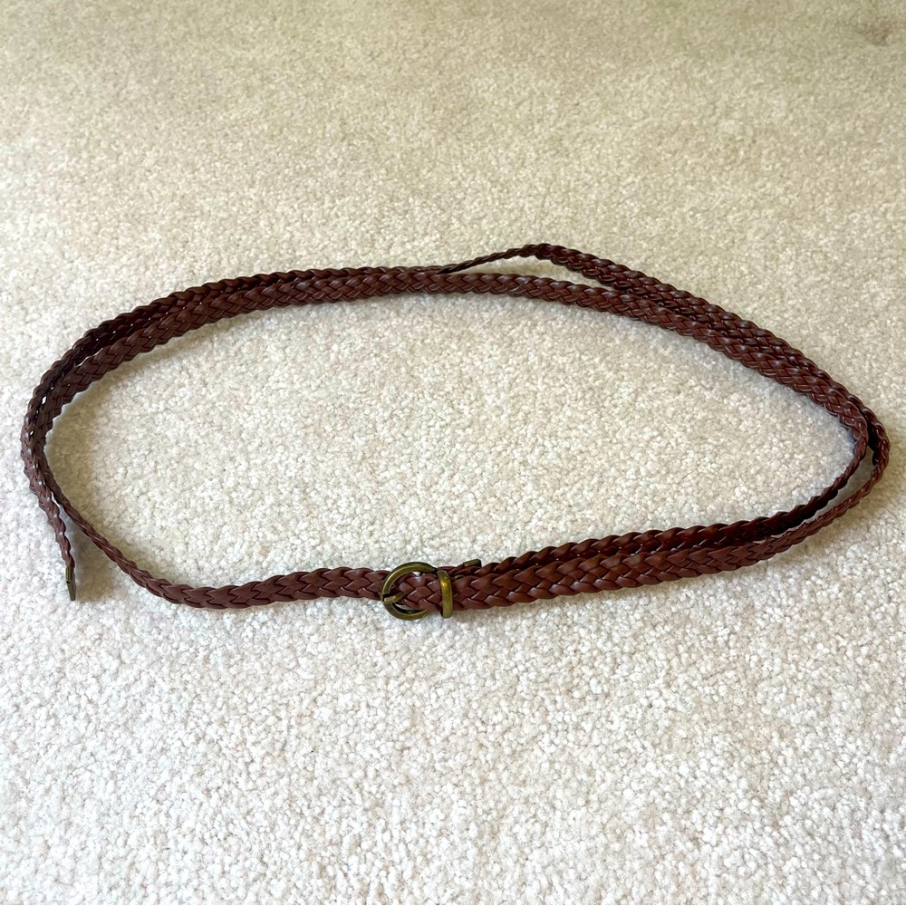 Women’s brown leather braided belt with brass gold tone buckle